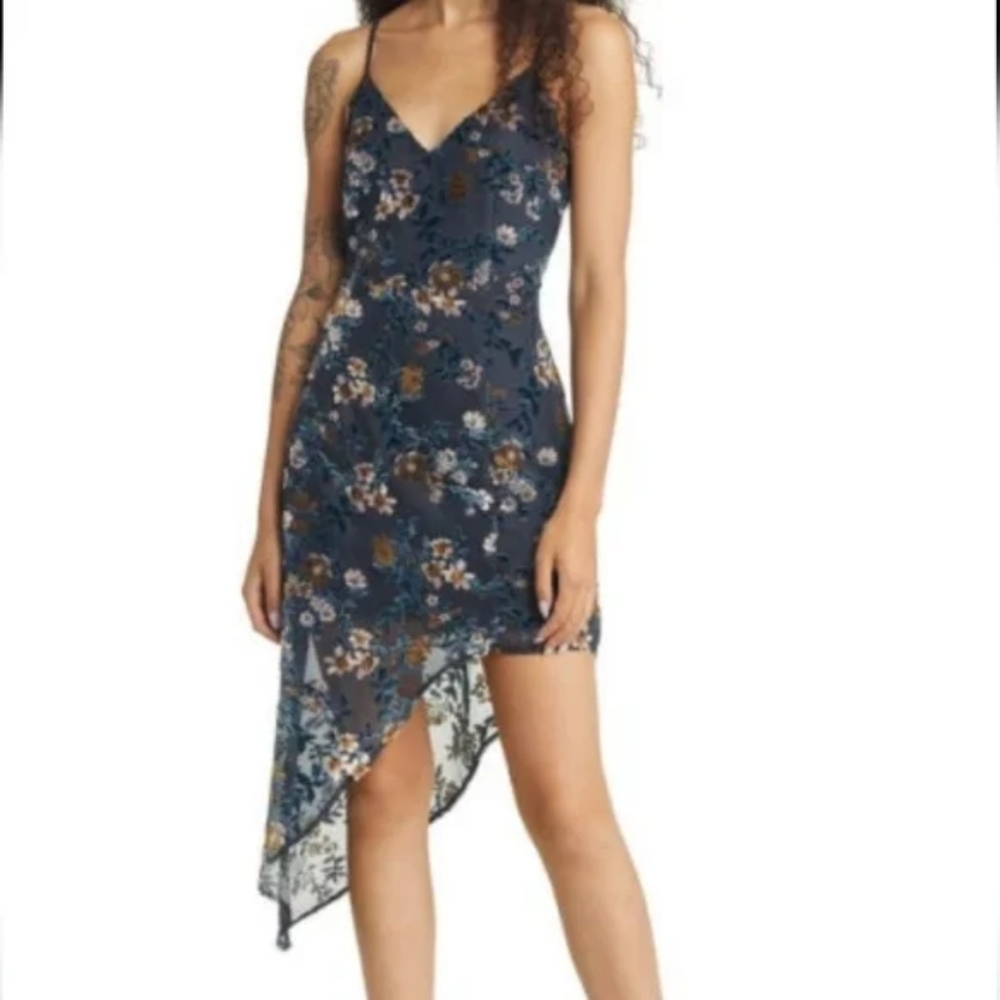 Lulus Women's Evening With You Floral Asymmetrical Blue/Gold Dress Size M US